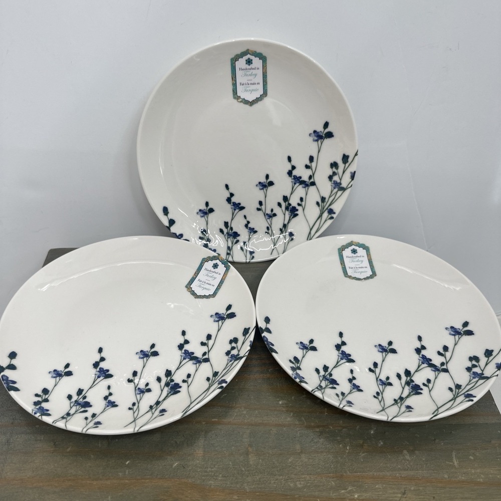 Set of 3 Intesa Blue Wild Flower 8" Salad Plates NEW Made In Turkey Porcelain